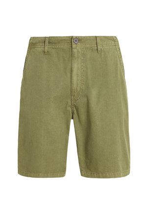 Olivgrüne Baumwollshorts mit flachem Bund, zwei seitlichen Taschen und Knopfverschluss. Sie verfügen über eine glatte Textur und einen geraden Schnitt.
