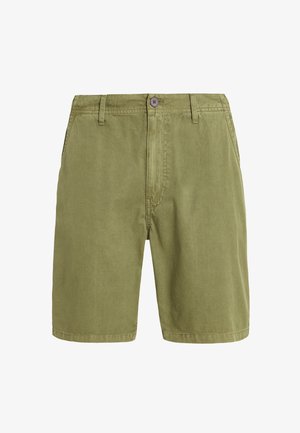 Pantalones cortos de algodón verde oliva con enfrente plano, dos bolsillos laterales y cierre de botón. Presenta una textura suave y corte recto.