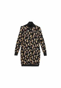 Robe tricotée avec une base noire ornée d'un motif floral aux couleurs rouge, jaune et blanche. Manches longues et un col haut pailleté.