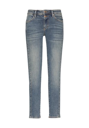 Skinny-fit blue denim jeans with a faded wash, two front pockets, two back pockets, and a button-fly closure. Soft texture and straight leg.