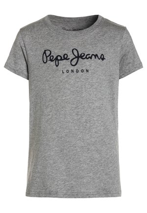 Grå T-shirt med korte ærmer og rund halsudskæring med sort "Pepe Jeans London" tekst centreret på brystet.