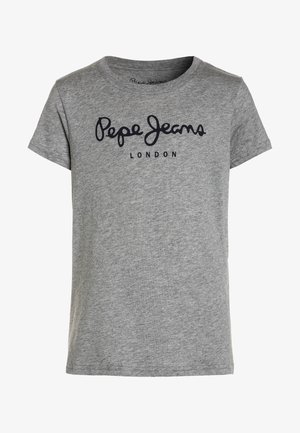 Grå T-shirt med korte ærmer og rund halsudskæring med sort "Pepe Jeans London" tekst centreret på brystet.