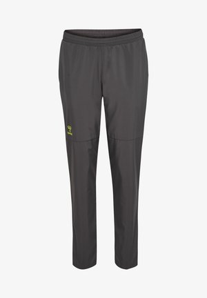 Szare, lekkie spodnie sportowe z elastycznym pasem, zwężającymi się nogawkami i małym zielonym logo po lewej stronie. Gładka faktura.