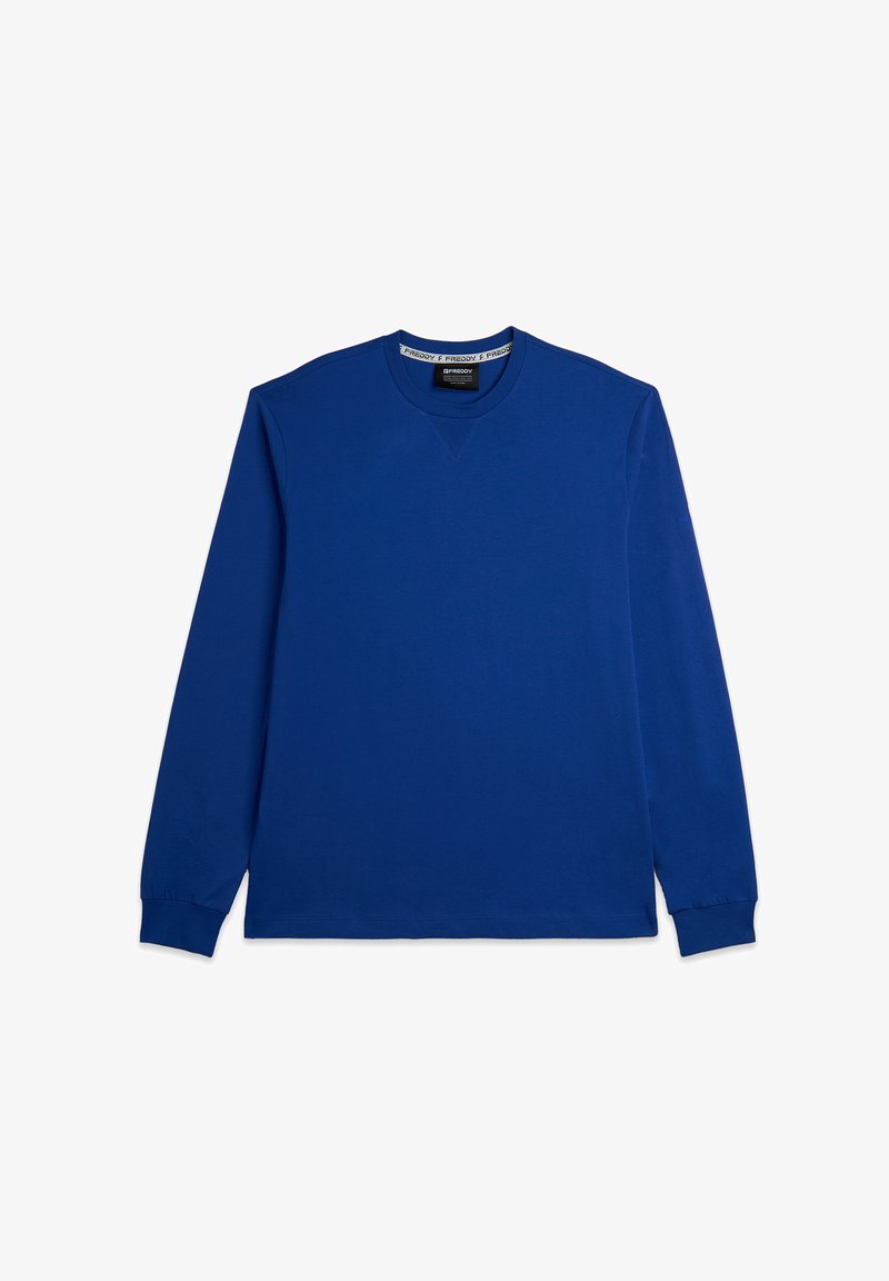 Sudadera de manga larga azul hecha de algodón, con un escote redondeado y puños acanalados, y un detalle de costura en V en la parte delantera.