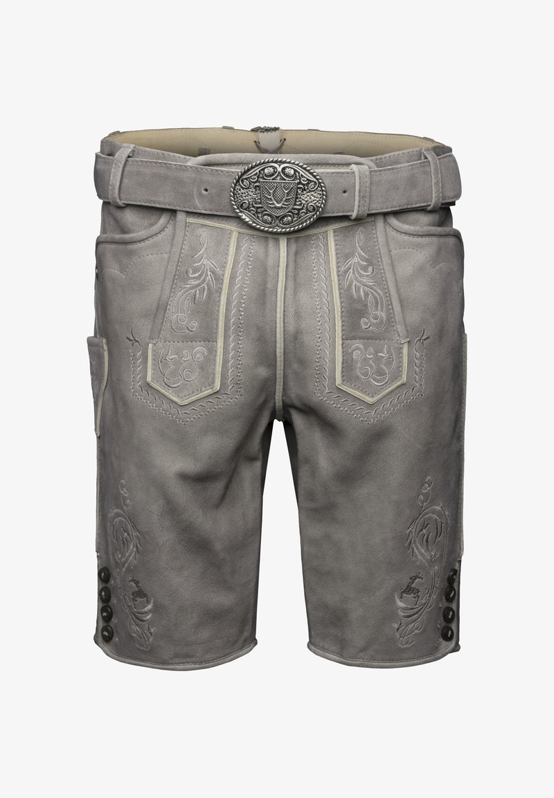 Grijze leren shorts met ingewikkelde borduursels, een decoratieve riem met een zilveren gesp en knoopaccenten aan de zijkanten.