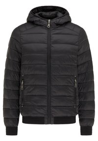 Schwarze Steppjacke mit Reißverschluss vorne, Kapuze und gerippten Bündchen. Verfügt über horizontale Steppnähte und zwei seitliche Reißverschlusstaschen. Leichtes Material.