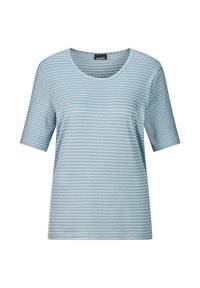 Lichtblauwe gestreepte t-shirt met een ronde halslijn en korte mouwen. Gemaakt van zachte stof met horizontale strepen in het wit.