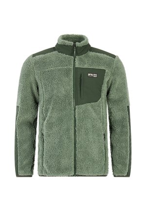 Grüne Fleece-Jacke mit durchgehendem Reißverschluss, Reißverschluss-Brusttasche und verstärkten Schulter- und Ellbogenpatches.