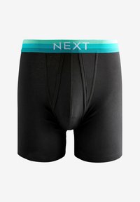 Fekete boxer alsónadrág világoskék és türkiz csíkozott gumis derékkal, amelyen a "NEXT" szó fehér színben van nyomtatva.