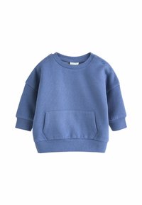 Zila kokvilnas sporta krekls ar apaļu kakla izgriezumu, garām piedurknēm un priekšējo kabatu. Iezīmē ribota piedurknes un apakšmalu, ar snap aizdari uz pleca.