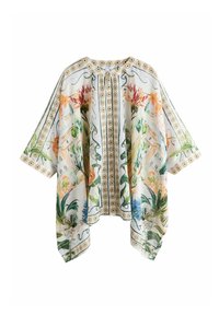 Kimono cu imprimeu floral realizat dintr-un material ușor, cu culori vibrante, decolteu rotund și detalii complicate pe margini pe toată suprafața.