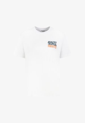 White short-sleeve crew neck T-shirt with "Healthy Tropical Fruits" text printed on the left chest in blue and orange lettering.