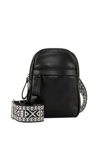 Sac en cuir noir à bandoulière avec une finition texturée, doté d'une sangle ajustable à motifs en designs géométriques noirs et blancs.