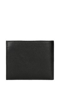 Zwarte leren kaarthouder met een gestructureerd oppervlak en gladde randen. Eenvoudige rechthoekige vorm, geen zichtbare hardware of versieringen.