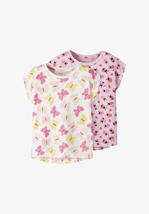 Two short-sleeve children's shirts: one white with pink and yellow butterflies, one pink with red and black ladybugs and small hearts.