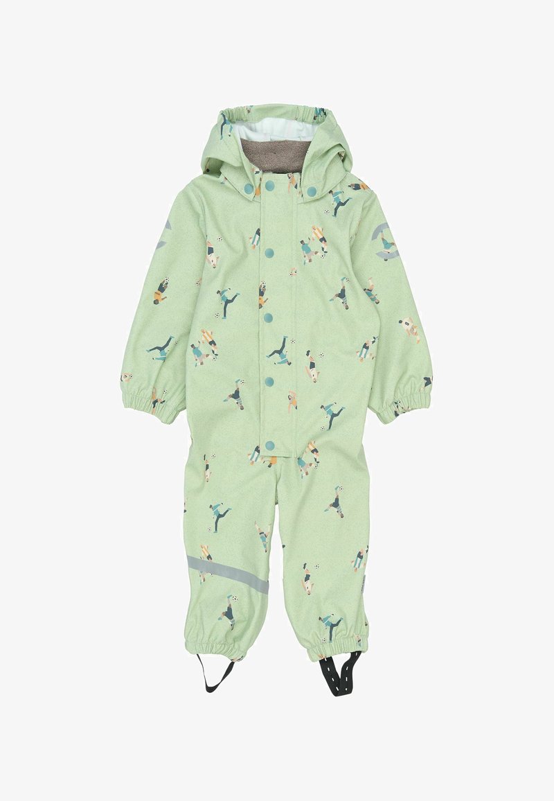 Zelený detský overal s hravým vzorom detí hrajúcich futbal. Obsahuje elastické manžety, kapucňu a reflexné pruhy.