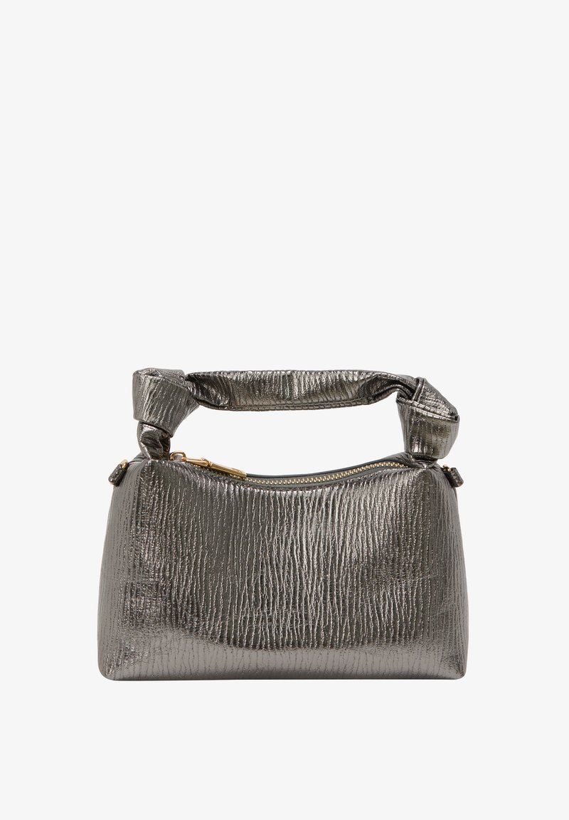 Fémes szürke kézi táska textúrázott felülettel, cipzáras záródással és csavart fogantyúval. Aranyszínű fémalkatrészek találhatók rajta.