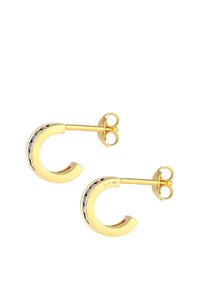 Orecchini a cerchio in oro a forma di croce con un accento blu. Realizzati in argento 925, presentano una finitura lucida e una chiusura sicura.