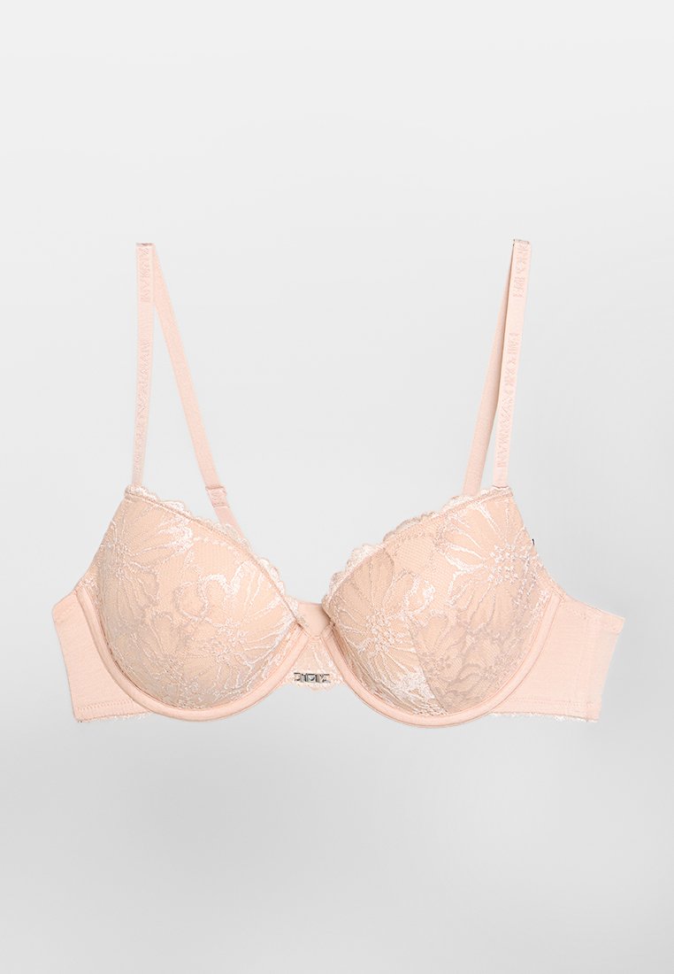 Spitzen-BH in Nude mit floralem Muster, gepolsterten Cups, verstellbaren Trägern und einem dekorativen Frontverschluss. Glatte Stofftextur.