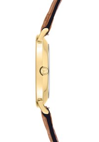 Goldfarbene Uhr mit rundem Gehäuse, Glasscheibe und braunem Lederarmband mit schwarzem Akzent. Enthält eine Krone an der Seite für Einstellungen.