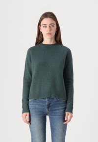 Pull en tricot vert avec un col rond, des manches longues et un ourlet côtelé. Porté avec un jean en denim bleu. Texture douce, coupe décontractée.
