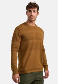 Brun strikket genser med teksturerte stripemønstre, rund hals og lange ermer, parret med olivengrønne bukser. Glatt materiale.