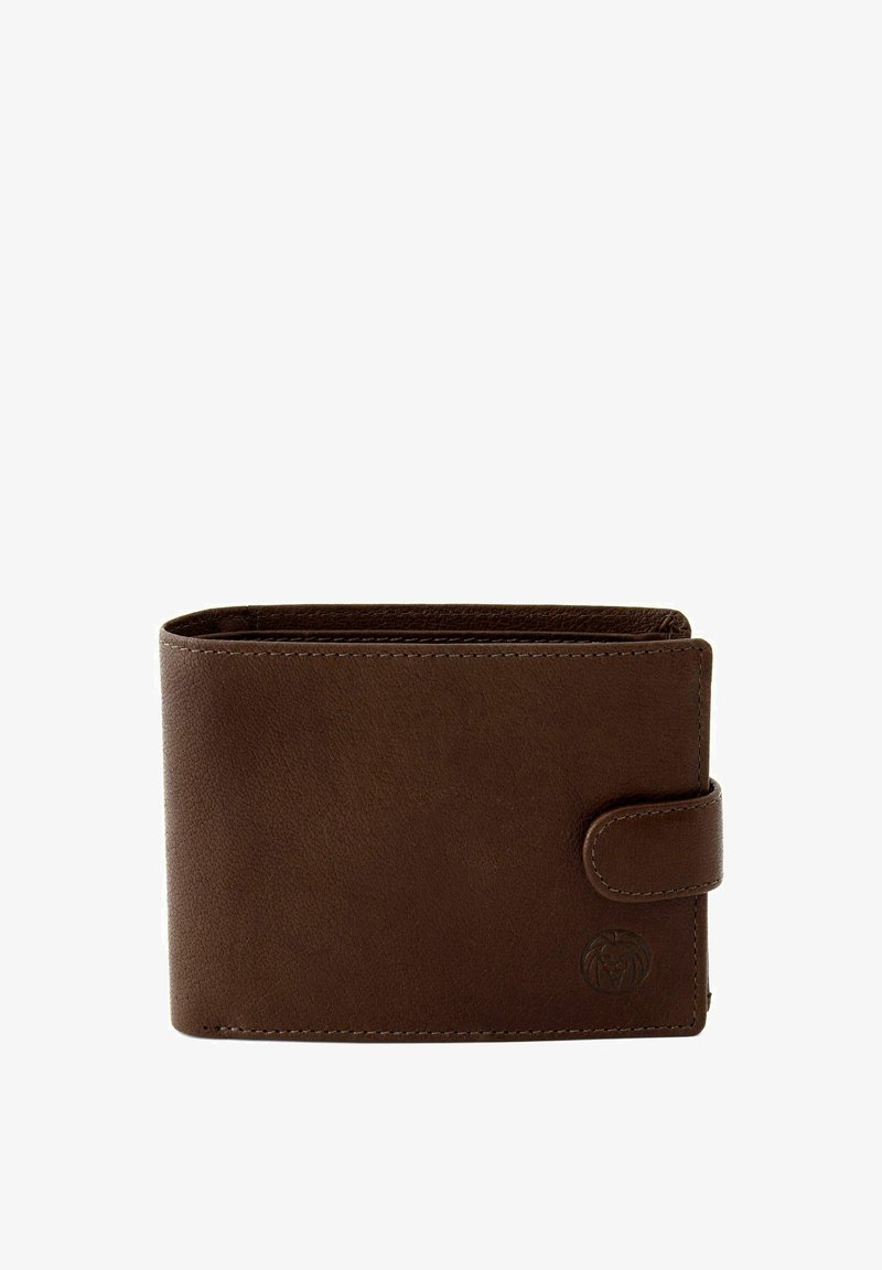 Brown leather wallet with a smooth texture, rectangular shape, and a front closure strap. Features embossed logo on the bottom right.