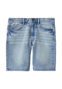 Jasnoniebieskie szorty dżinsowe z wyblakłym odcieniem, pięcioma kieszeniami, szlufkami na pasek i detalami w postaci przeszyć. Materiał ma miękką fakturę i prosty krój.