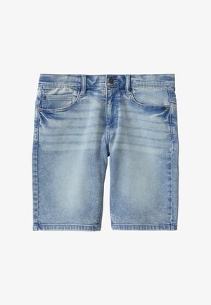 Lichtblauwe denim shorts met een vervaagde was, vijf zakken, riemlussen en stikseldetails. De stof heeft een zachte textuur en een rechte pasvorm.