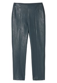 Pantaloni in finta pelle verde scuro con vestibilità aderente, dotati di cuciture frontali, gambe affusolate e una cerniera laterale discreta. Texture liscia.