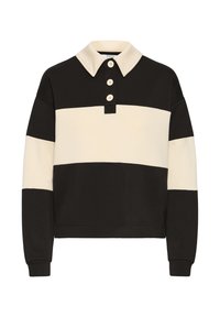 Pullover a rayas negro y crema con cuello, tres botones y mangas largas. Textura suave con un ajuste holgado y puños acanalados.