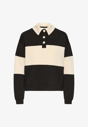 Pullover a righe nere e crema con colletto, tre bottoni e maniche lunghe. Tessuto liscio con vestibilità comoda e polsini a costine.