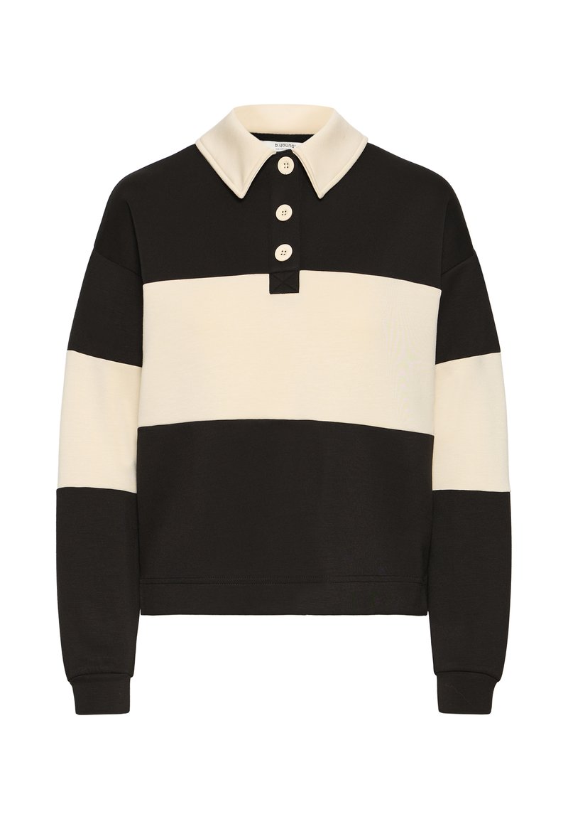 Pullover a rayas negro y crema con cuello, tres botones y mangas largas. Textura suave con un ajuste holgado y puños acanalados.