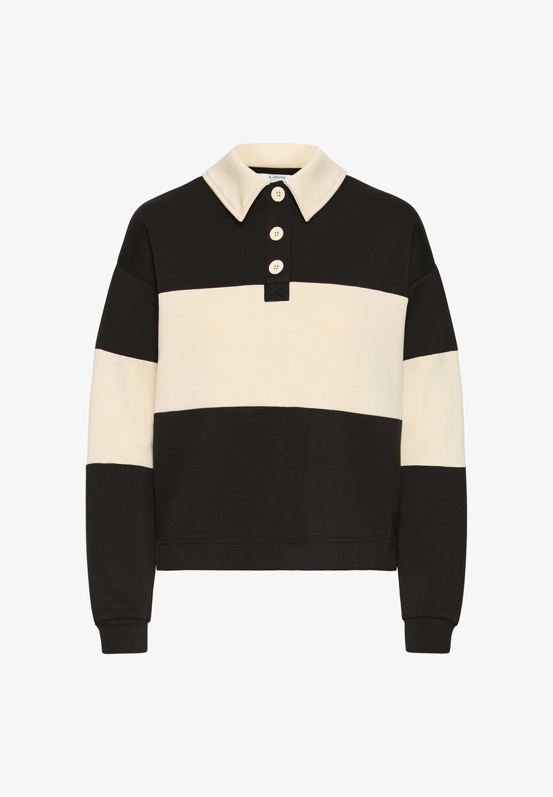 Pullover a rayas negro y crema con cuello, tres botones y mangas largas. Textura suave con un ajuste holgado y puños acanalados.