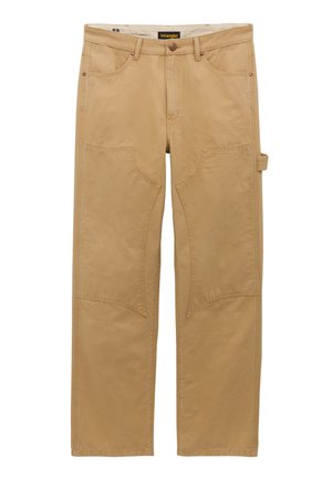 Φωτεινά καφέ ευθείς παντελόνες εργασίας με ενισχυμένες επιδιορθώσεις στα γόνατα, εμπρόσθιες τσέπες, θηλιές για ζώνη και πλαϊνή θηλιά για εργαλεία.