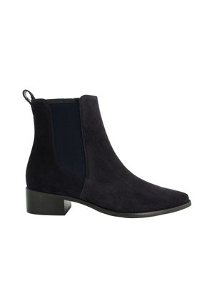 Black suede ankle boot with low block heel, elastic side panel, and pull tab at the back, shown from the outer side.