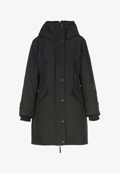 Melna ārējā apģērba jaka ar kapuci, spiežamiem pogām, ribotajiem piedurkņu galiem un diviem priekšējiem kabatām; gluda auduma, viegla konstrukcija.