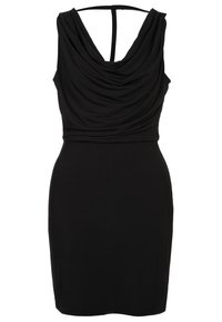 Robe noire sans manches avec un col bénitier drapé et une jupe ajustée, dotée d'une fine bretelle traversant le haut du dos.