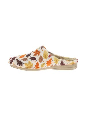 Chausson d'intérieur à enfiler avec un tissu blanc arborant des motifs de feuilles colorées en orange, jaune et marron. Doublure en fausse fourrure et semelle beige.