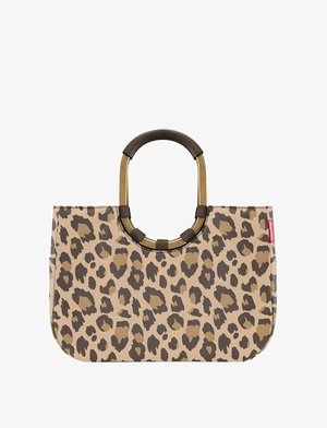 Borsa a tracolla con stampa leopardata che presenta una base beige, macchie marrone scuro e nere, con una maniglia rotonda marrone e dettagli in oro.