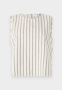 Sleeveless top made of cream fabric with black vertical stripes. Features a round neck and a small back opening. Minimalist design.