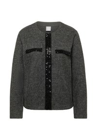 Grauer Pullover mit rundem Ausschnitt und langen Ärmeln, mit schwarzen Pailletten-Akzenten senkrecht in der Mitte und auf zwei Taschen.