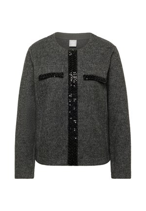 Gray sweater featuring a round neckline and long sleeves, with black sequin accents vertically down the center and on two pockets.