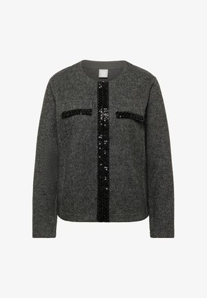 Gray sweater featuring a round neckline and long sleeves, with black sequin accents vertically down the center and on two pockets.