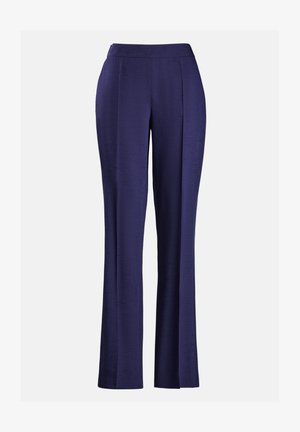 Pantalons bleu marine à jambe large en tissu lisse et texturé. Dotés d'une taille ajustée et de plis subtils à l'avant.