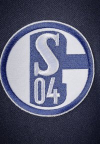 Geborduurd logo met een blauw-wit kleurenpalet met daarin de letter "S" en het nummer "04" binnen een ovale vorm op donkere stof.