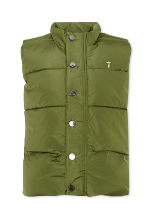 Gilet imbottito senza maniche verde oliva con collo alto e sei bottoni a pressione in metallo sul davanti, piccolo logo ricamato sul lato destro del petto.