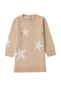 Maglione lavorato a maglia beige con maniche lunghe, caratterizzato da motivi a stella bianchi e piccole decorazioni. Collo e polsini a costine.