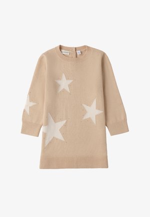 Maglione lavorato a maglia beige con maniche lunghe, caratterizzato da motivi a stella bianchi e piccole decorazioni. Collo e polsini a costine.