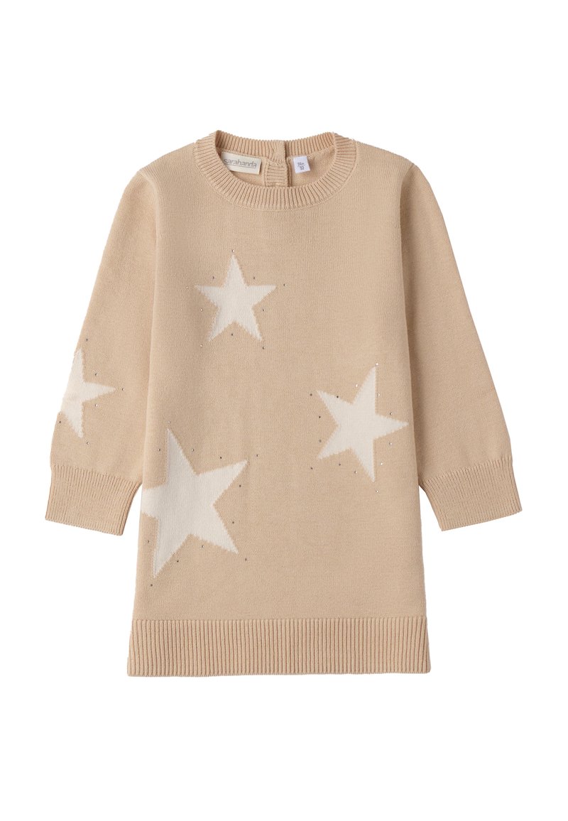 Maglione lavorato a maglia beige con maniche lunghe, caratterizzato da motivi a stella bianchi e piccole decorazioni. Collo e polsini a costine.